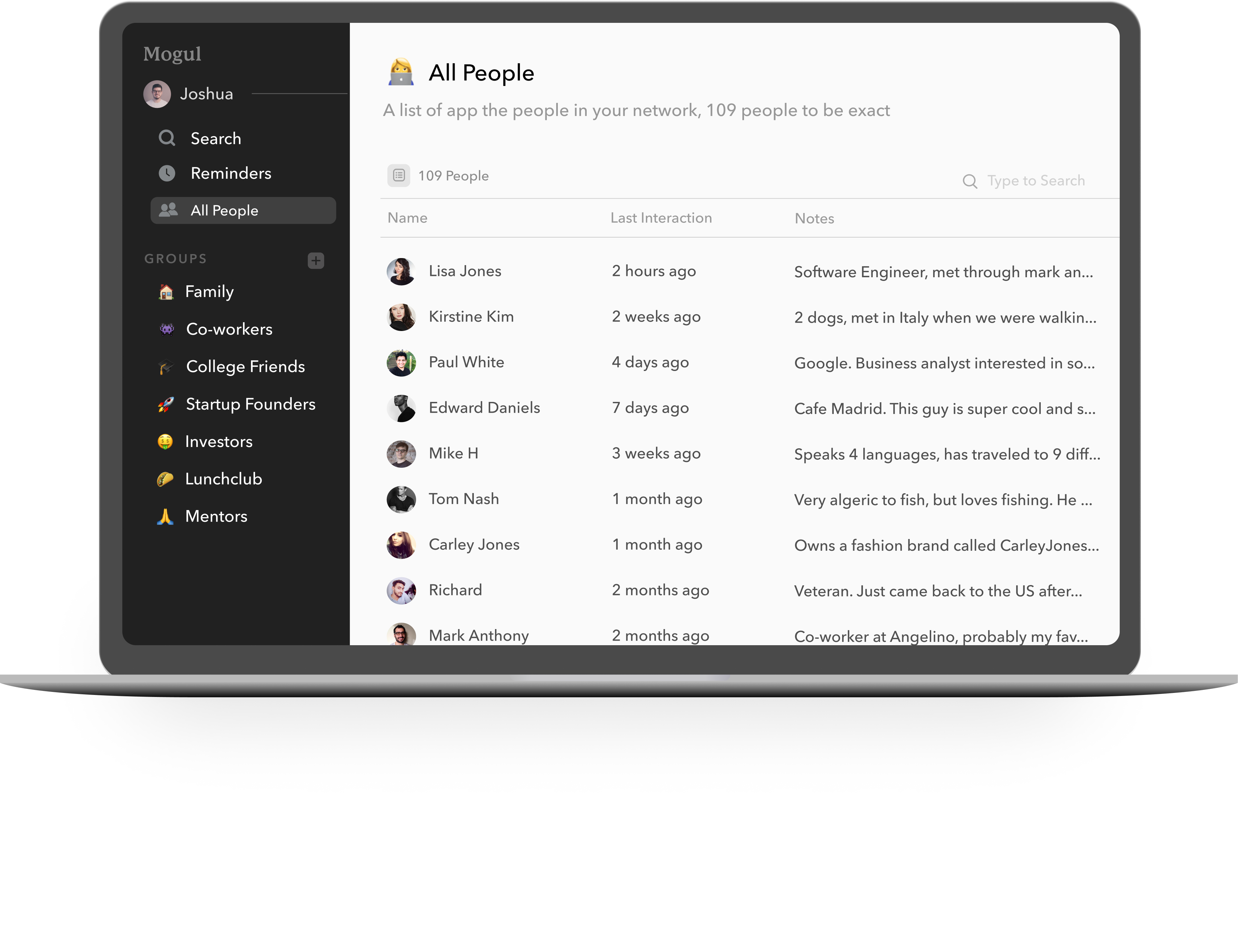 Mogul personal CRM app interface