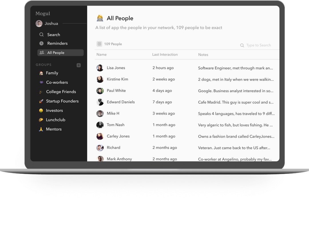 Mogul personal CRM app interface