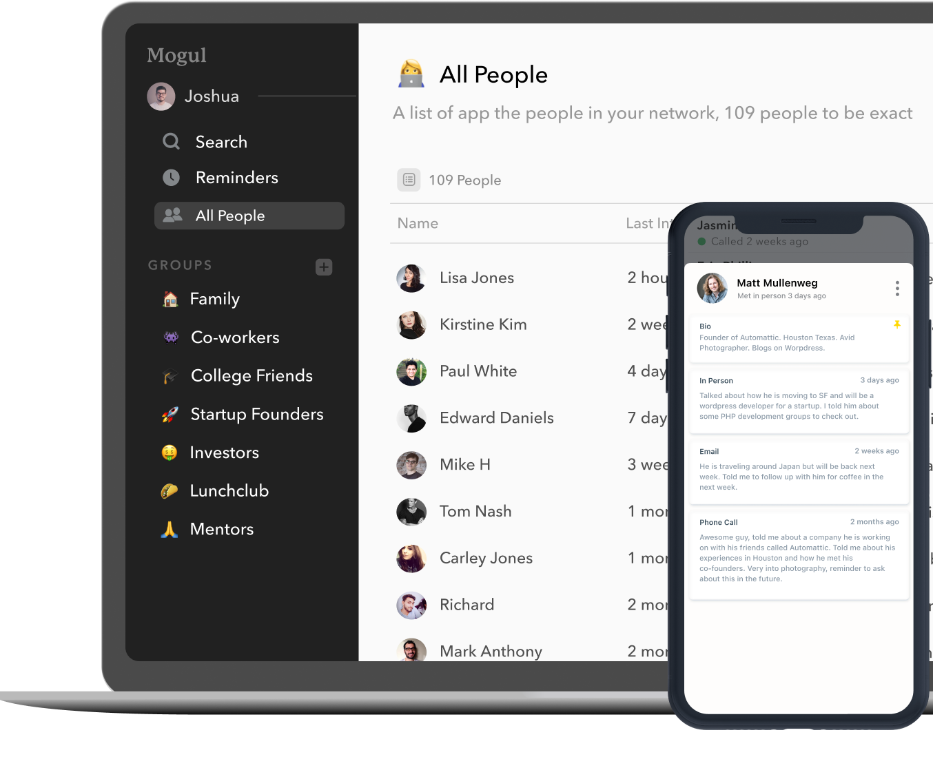 Mogul personal CRM app interface