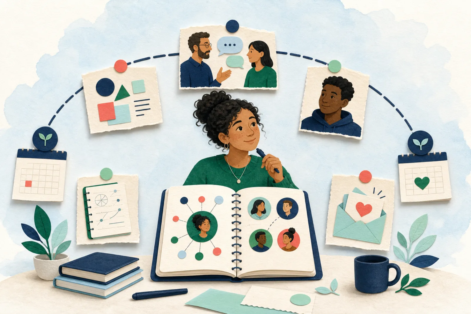 An intern connecting a project, feedback conversation, teammate, learning note, and end-of-internship thank-you