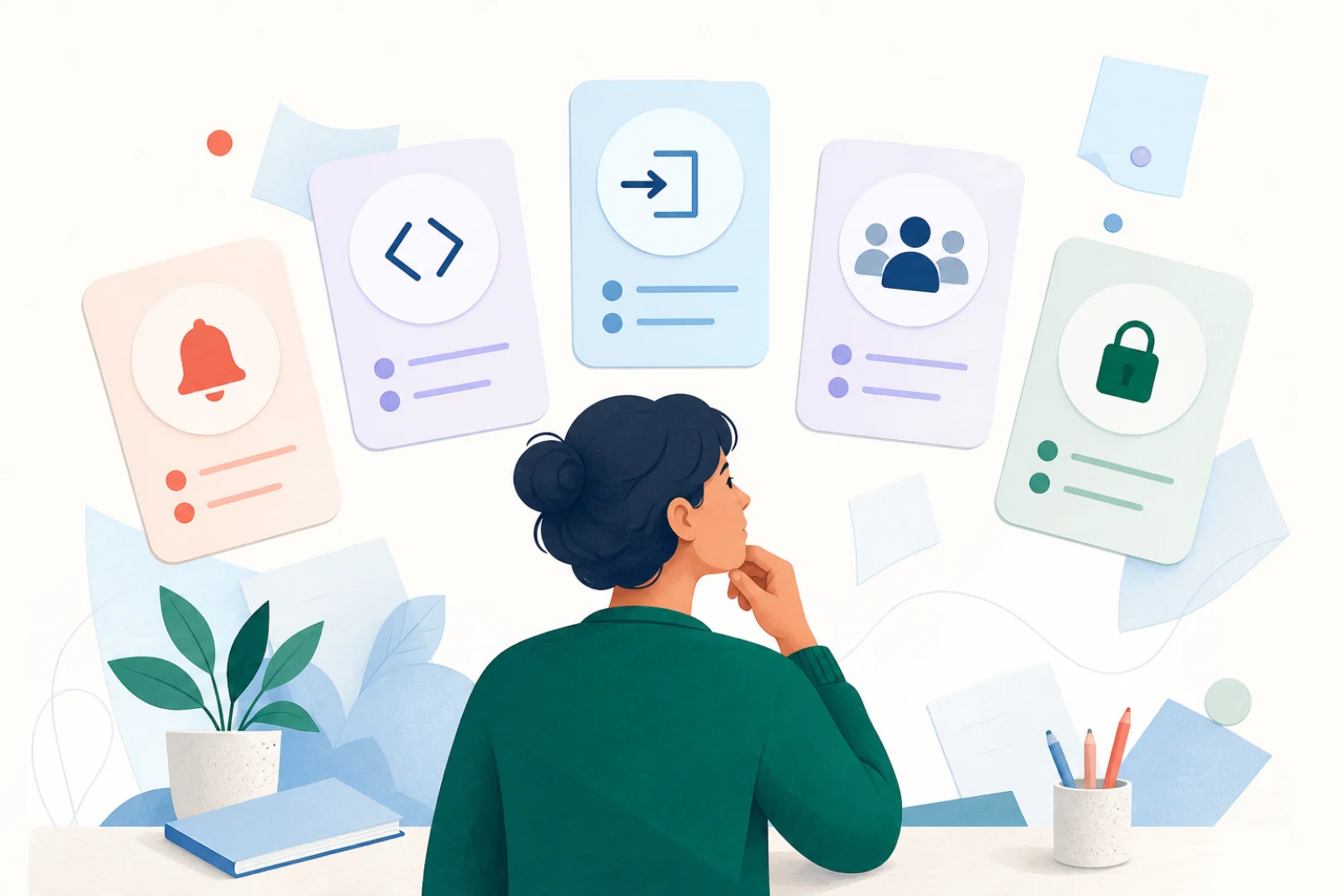 A person comparing abstract cards for reminders, importing, teams, open source, and privacy