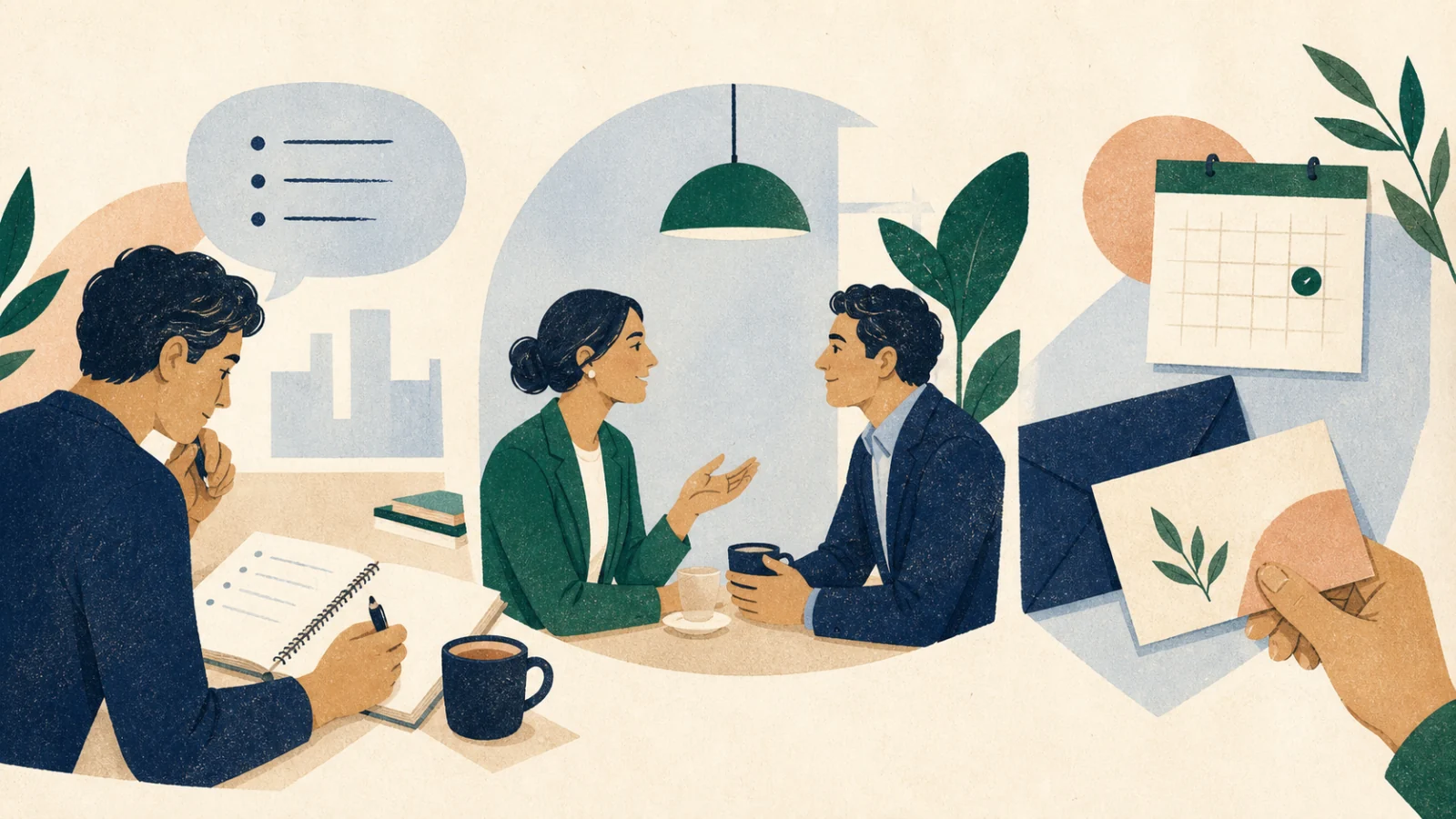 A finance professional preparing questions, having a focused coffee chat, and scheduling a thoughtful follow-up