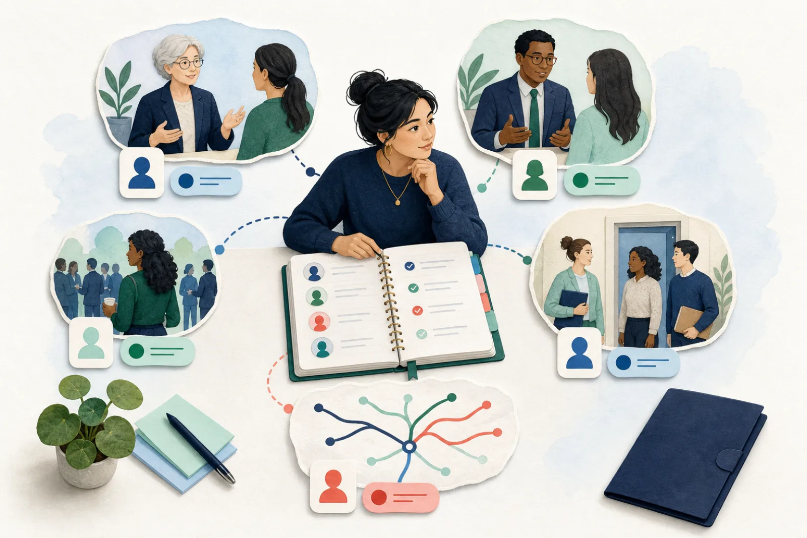 A law student connecting an informational interview, clinic, bar event, professor, and practice-area map without client files