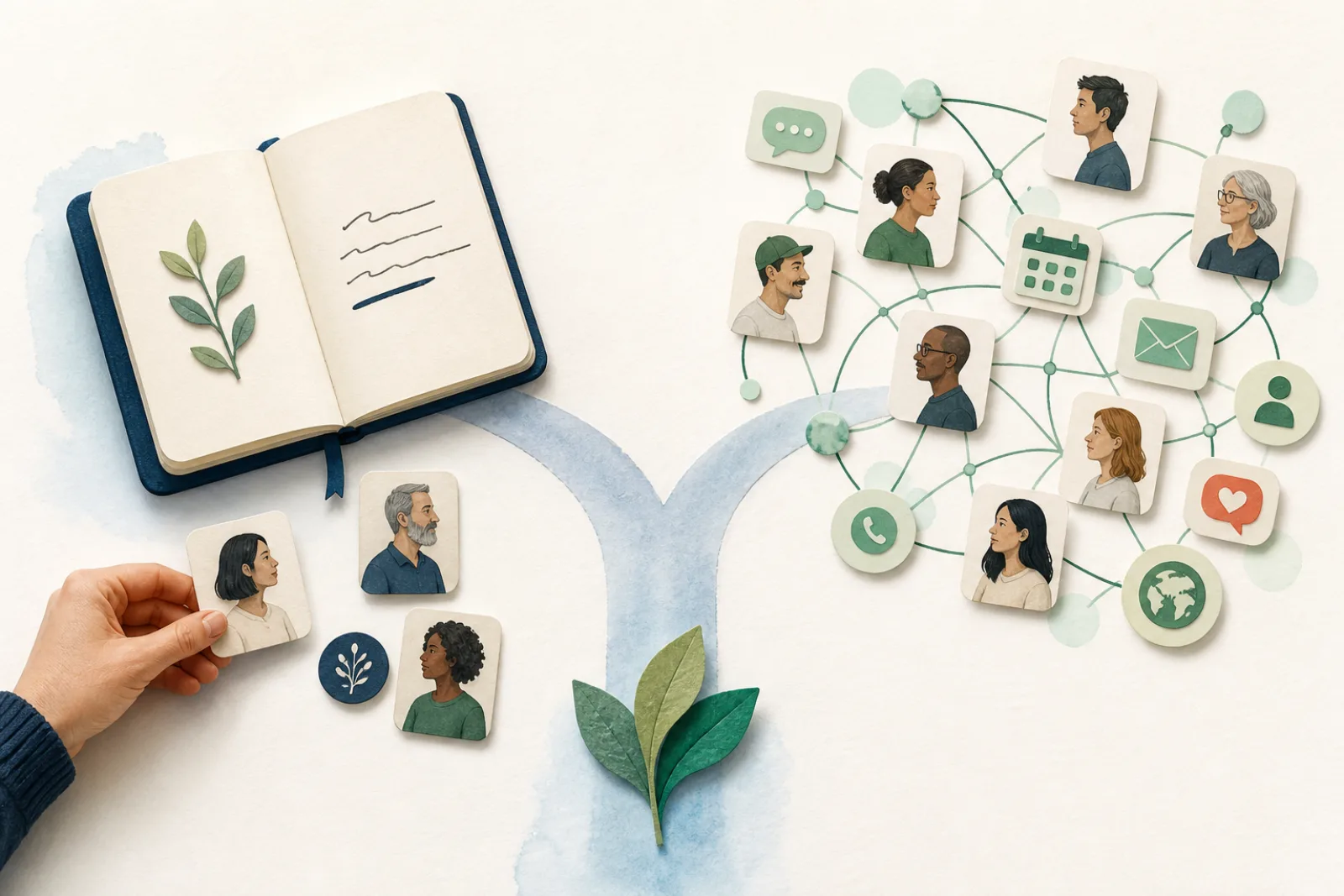 Two paths through a relationship network: deliberate notes on one side and automatic connected updates on the other