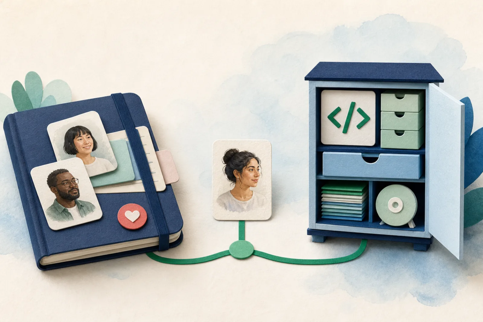 A simple relationship notebook beside an open server cabinet, representing Mogul and Monica