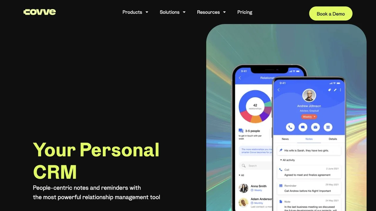 Covve personal CRM page with mobile screens for contacts, notes, reminders, and relationship activity