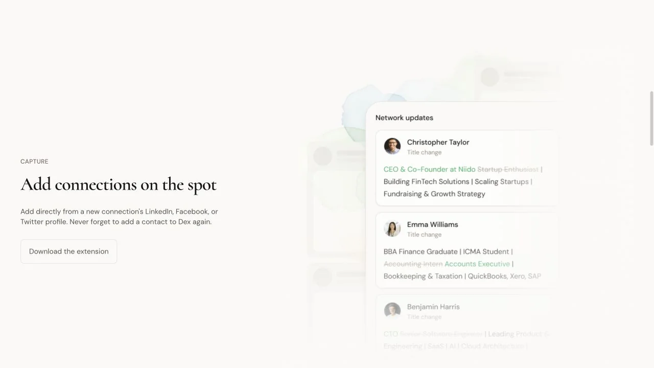 Dex browser extension adding a LinkedIn contact to the personal CRM without leaving the profile page