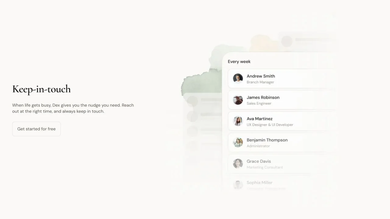Dex keep-in-touch reminder list showing contacts, relationship groups, and future follow-up dates