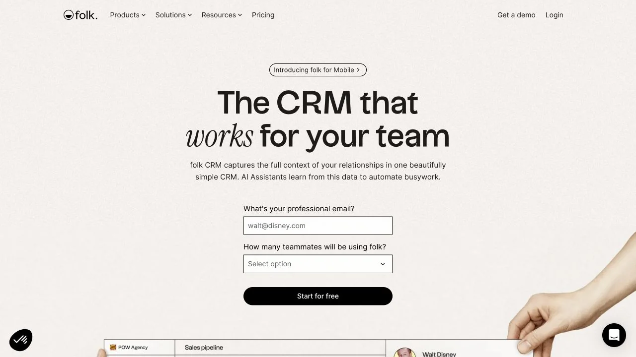 folk homepage describing a team CRM with a dark relationship workspace interface