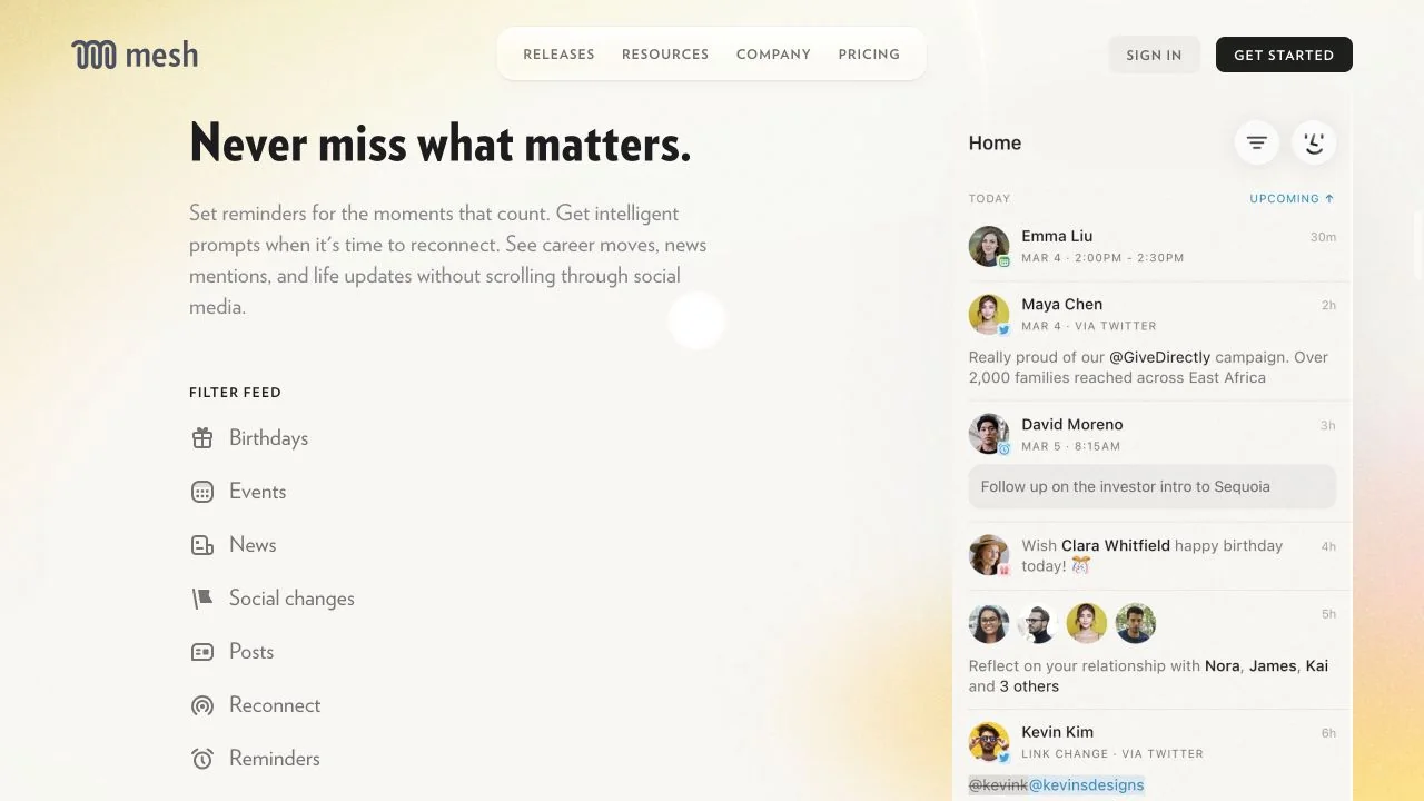 Mesh home view combining contact updates, reminders, relationship signals, and a people feed
