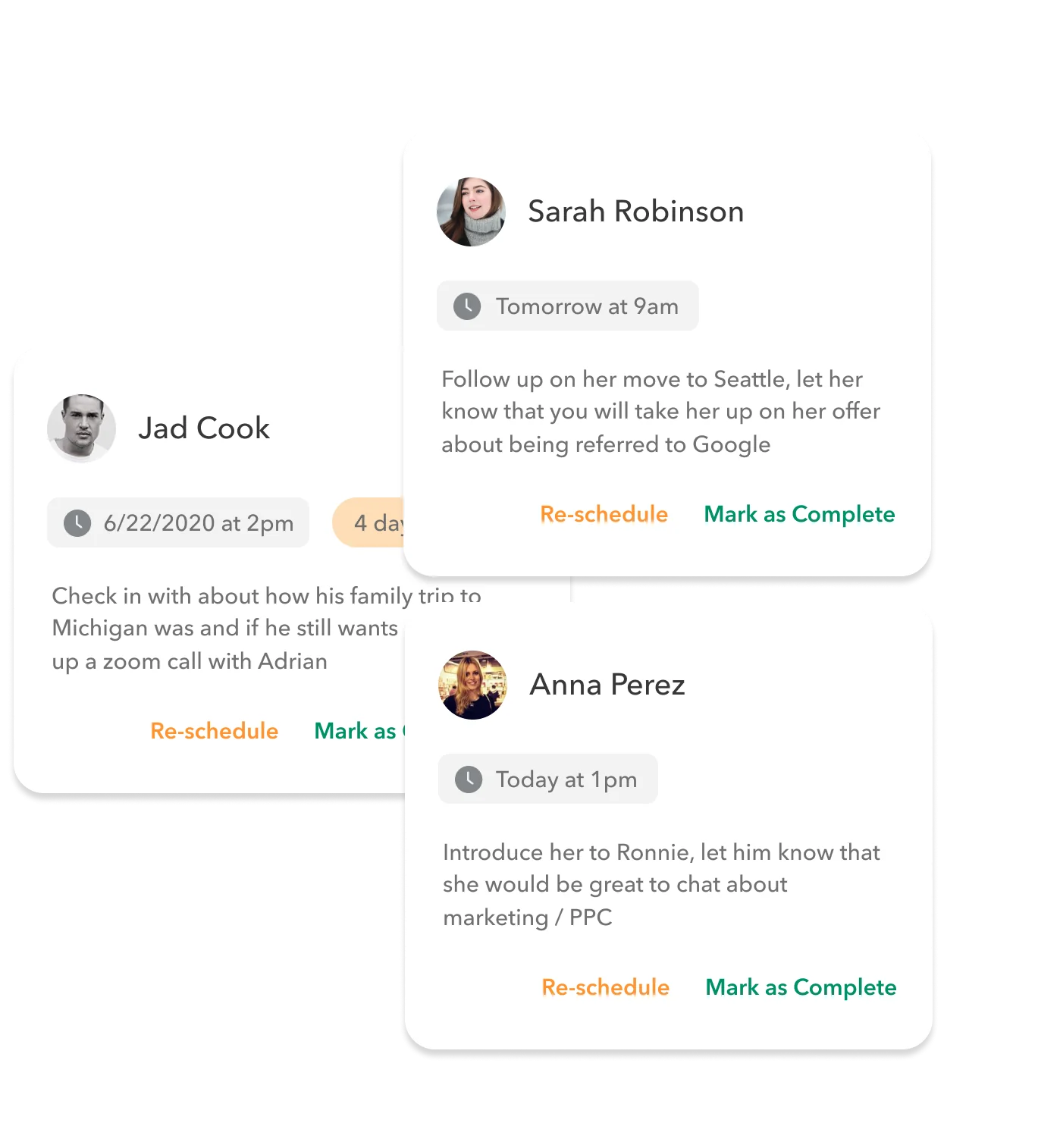 Mogul reminders view for founder introductions, updates, replies, and other commitments