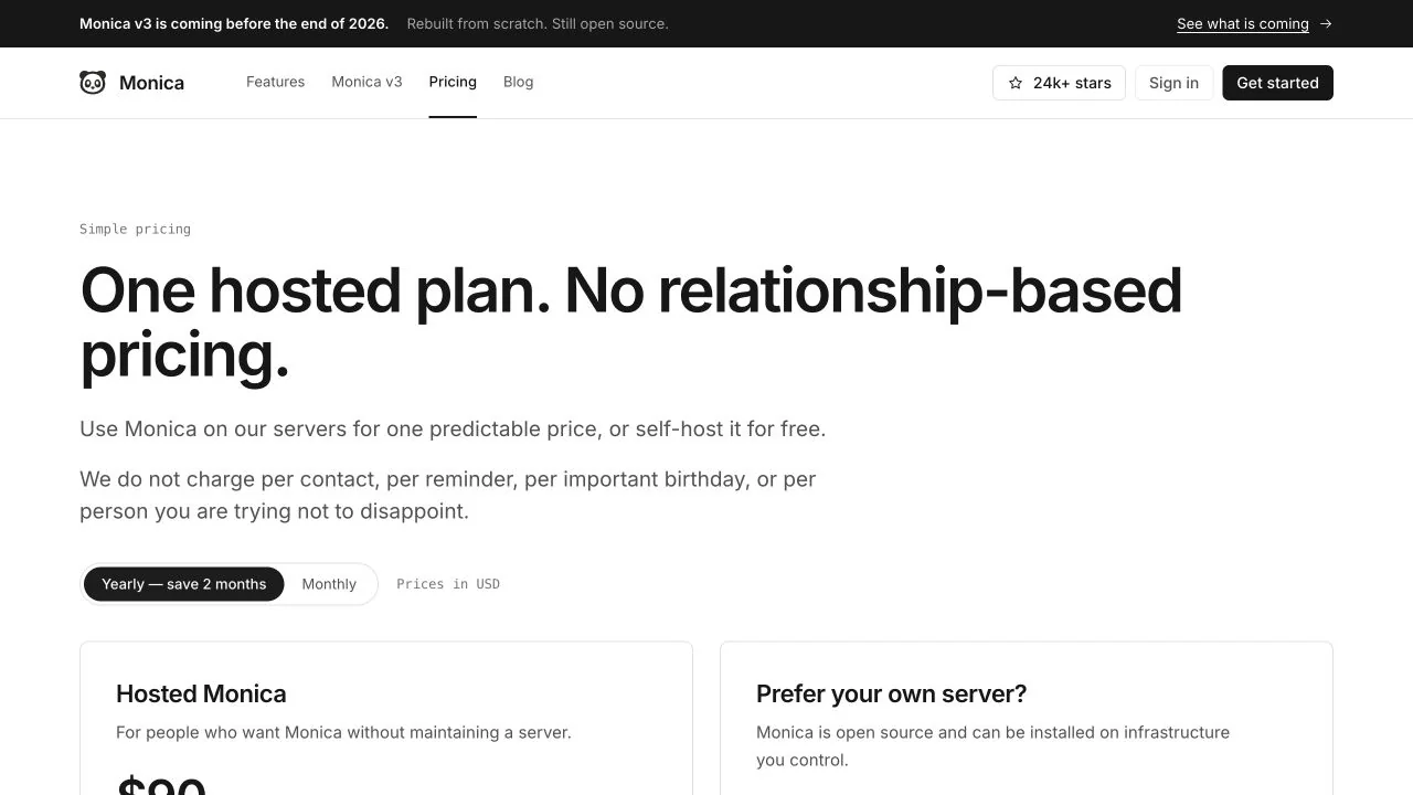 Monica pricing page comparing hosted service with free self-hosted software